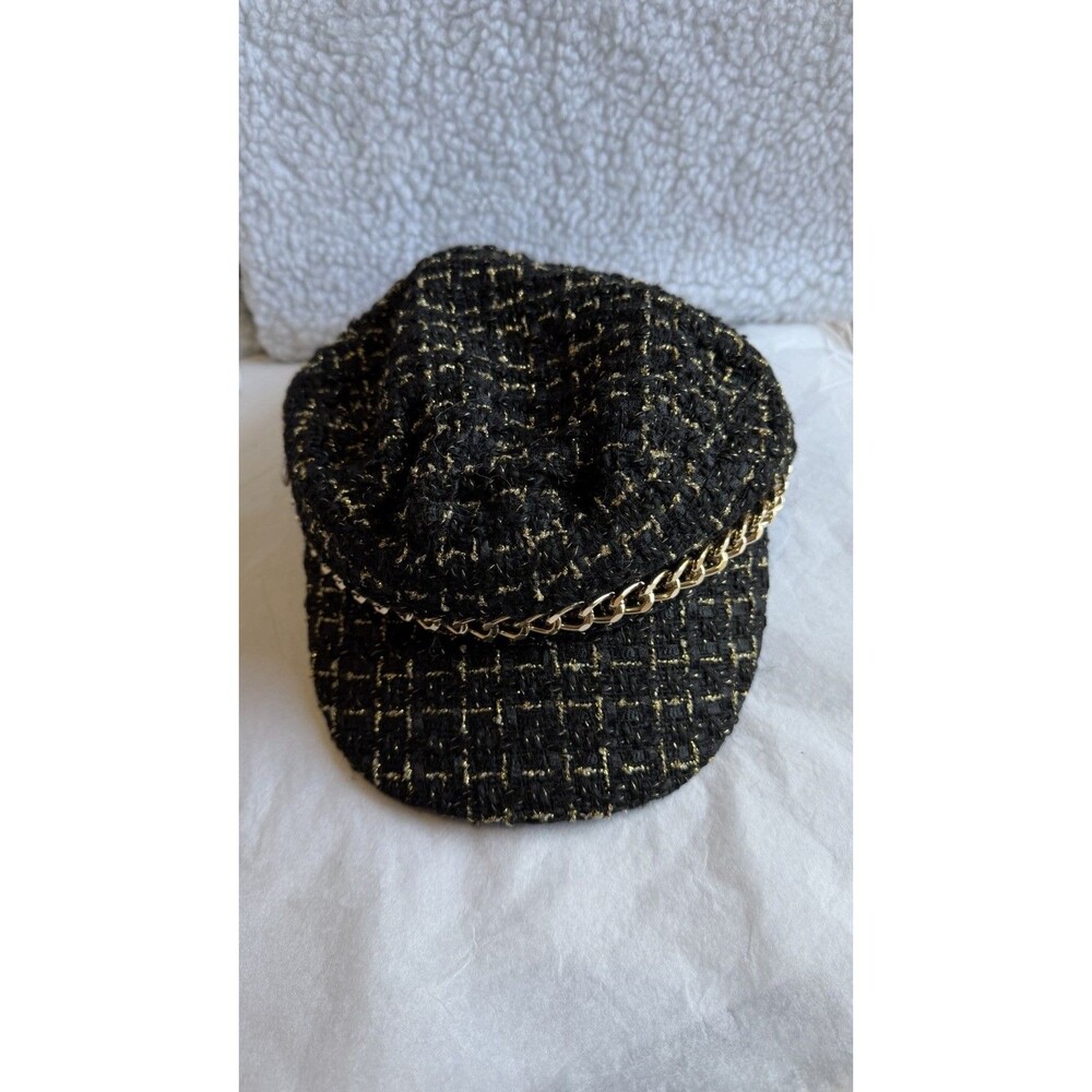 Women’s Black Tweed Newsboy Cap Gold Chain Detail Elegant Winter Hat